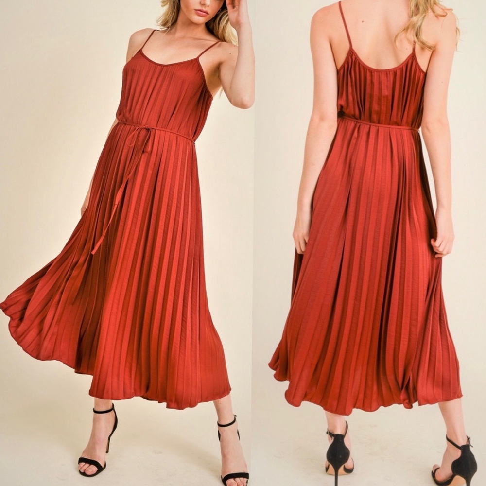 NEW | Rust Satin Pleated Midi Dress w/ Waist Tie
